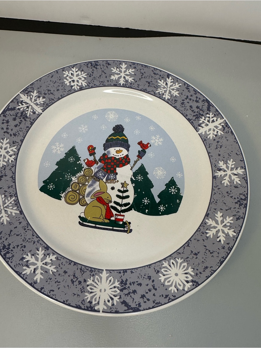 Gibson Blue and white Snowman with bunny Holiday Dinner Plate
